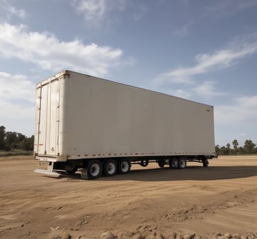 A sturdy dry box trailer parked in an industrial yard under a clear sky.