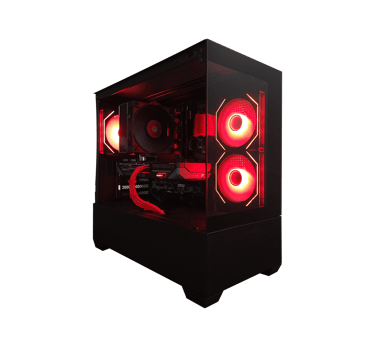 Custom gaming PC build with red RGB lighting, glass side panel, and powerful cooling fans. Radeon