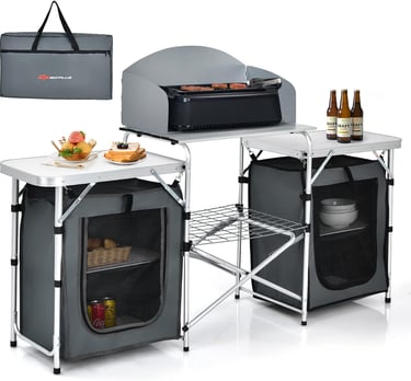 Goplus Folding Camping Kitchen Table with Storage, Aluminum Portable Outdoor Cooking Table with Wind