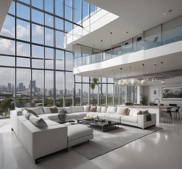 A stylish penthouse with floor-to-ceiling windows showcasing Miami’s skyline.