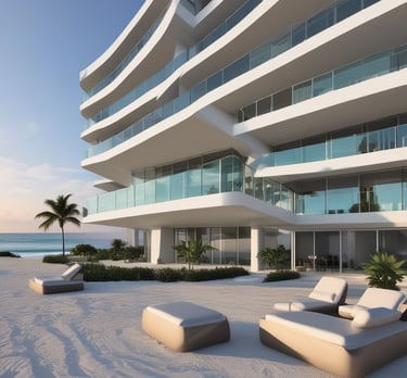 A sleek modern condo overlooking Miami Beach at sunset.