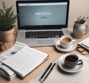 A cozy workspace with a laptop, notebook, and coffee cup, symbolizing personal finance and entrepreneurship.