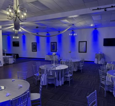 Silver and blue Wedding set up with Prestige Banquet and Event Center