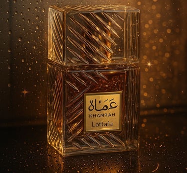 Lattafa Khamrah Perfume in a gold background a perfume bottle with a gold foiled label on it