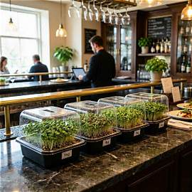 Fresh microgreens growing in containers on a restaurant marble bar counter.