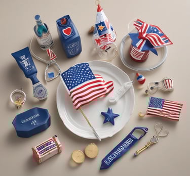 A display of decorative gnome figurines wearing patriotic attire, each featuring a long white beard and oversized hats in red, white, and blue adorned with stars. They hold various signs, such as 'I Love USA', 'Welcome', and other American-themed imagery. The collection appears to be for sale, as indicated by a price tag visible below.