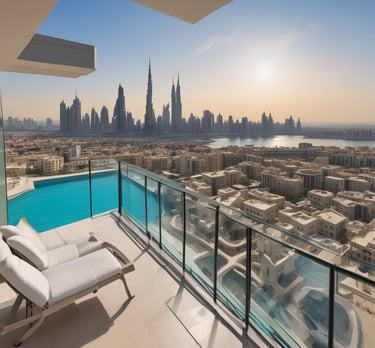 An elegant penthouse with a panoramic view of Dubai's skyline at night.