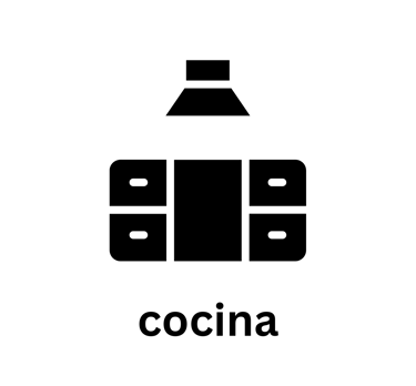 Black minimalist kitchen icon with cabinets and vent hood above the word cocina.