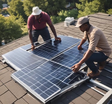 Technician installing solar panels on a commercial rooftop under clear skies.