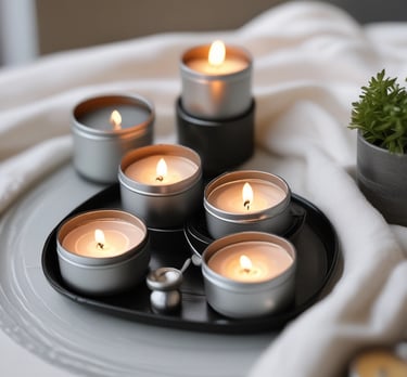 A neatly arranged collection of scented candles in glass jars, each featuring distinct labels with intricate lettering. The candles are placed on a metal rack, with varied wax colors ranging from white to light yellow and pale orange. The setting is indoors, with a blurred background providing a warm ambiance.