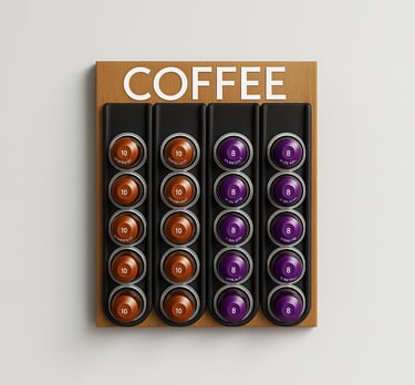 Nespresso Kapselhalter aus Eichenholz für Kaffeekapseln vor einem weißen Hintergrund