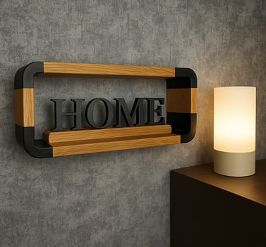 Schwebendes Wandregal mit "Home-Schild" montiert an einer Wand neben einer Lampe