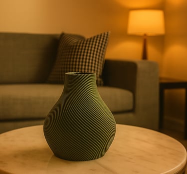 Olivgrüne moderne Vase mit feinen Spiralrillen auf einem Marmortisch in einem gemütlichen Wohnzimmer