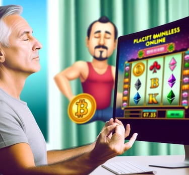 Middle-aged man practicing mindfulness while playing slot games online, serene and focused.
