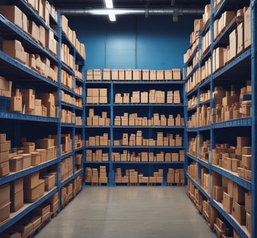 A person stands beside a conference or event registration table. The table is filled with water bottles, name tags with colored clips, pens, and papers. Behind the person, a large screen displays digital content. The room is dimly lit with some ceiling lights.