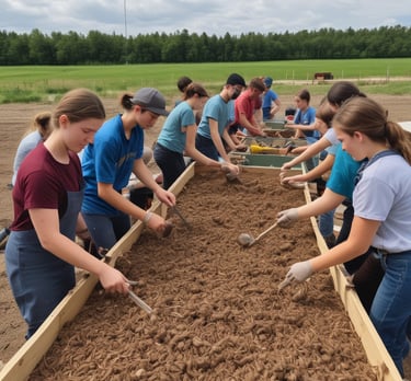 A futuristic indoor farm with rows of lush green plants growing under bright purple LED lights. The plants are arranged on shelves along a corridor, reflecting vibrant purple hues on the glossy floor.