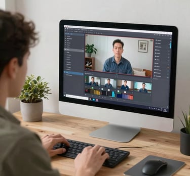 A vibrant workspace with an artist painting and a content creator editing videos on a laptop.