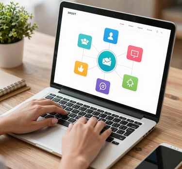 A focused virtual assistant working on a laptop with marketing charts on screen.