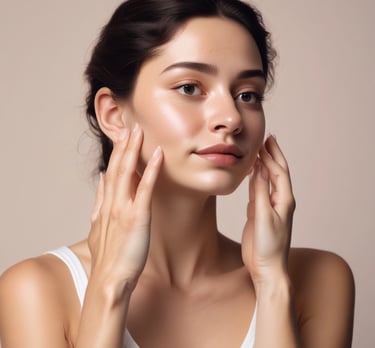 A person with light skin is smiling and holding up a tube of Janssen Cosmetics Thermo Peel Mask Cranberry next to their face. They have applied some of the mask to their cheek, and their nails have a delicate design.