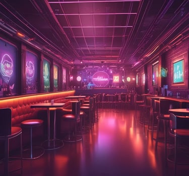 A lively nightclub scene with a crowd of people dancing and socializing. In the foreground, a DJ setup with turntables and mixing equipment is visible. The venue is dimly lit with blue and green lights, adding to the energetic atmosphere. People are engaged, with some looking directly at the camera, and others interacting with one another.