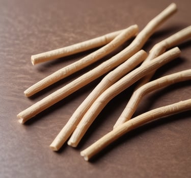 A close-up of a natural miswak stick resting on a bamboo mat.