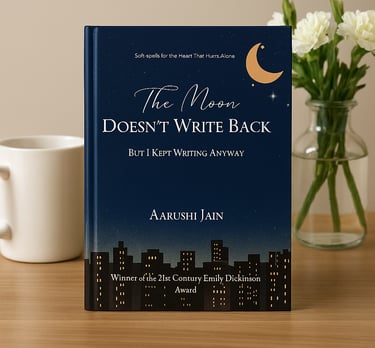 The display of the poetry book, "The Moon Doesn't Write Back" by the author, Aarushi Jain