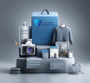 Kit Paquete Esencial Egremy Digital: caja azul, cámara, suéter y dispositivos para imagen profesional y laboratorio visual.