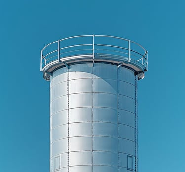 Silo industrial alto y cilíndrico de almacenamiento de acero con barandal de seguridad