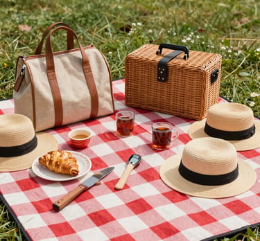 A colorful picnic setup with a blanket, basket, and outdoor dishes under a sunny sky.