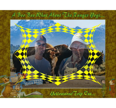 A Yellowstone National Park trip photo with bison, featuring Yogi Bear graphics and travelers.