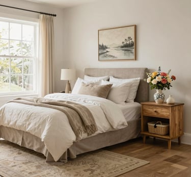 Soft morning light filters through a tidy, cozy living room with fresh flowers on the table.