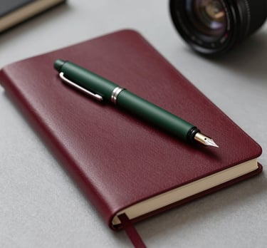 Detail shot of a creative workspace with a deep ripe crimson colored journal and a matte forest green fountain pen on a neutral grey desk.