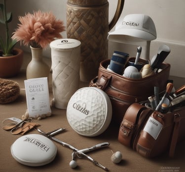 An array of stylish golf hats and visors displayed on a wooden rack with forest green backdrop.