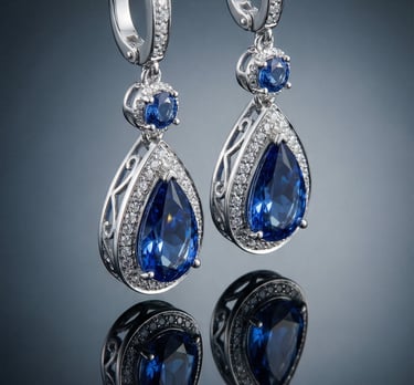 Elegant white gold pear-shaped sapphire drop earrings with diamond accents and filigree details.