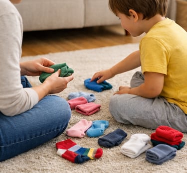 Child and parent matching pairs of socks together at home