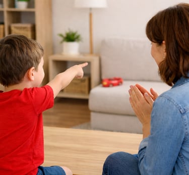 Child and parent spotting objects of a chosen color in their home