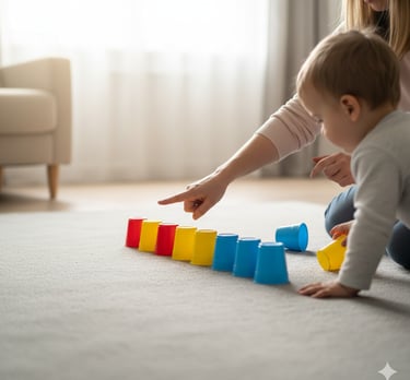 Child and parent lining up cups and counting them together at home