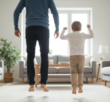 Parent and child jumping and counting numbers indoors