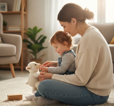 Child and parent feeling a soft and hard item indoors