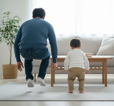 Child and parent pretending to be animals in fun indoor activity at home