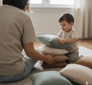 Child stacking cushions at home to practice balance and coordination