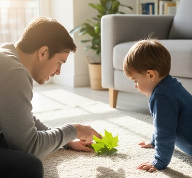 Parent and child quietly observing an object together at home