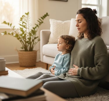 Parent and child doing slow belly breathing together at home