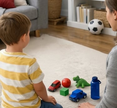 Child doing color sorting activity at home with parent