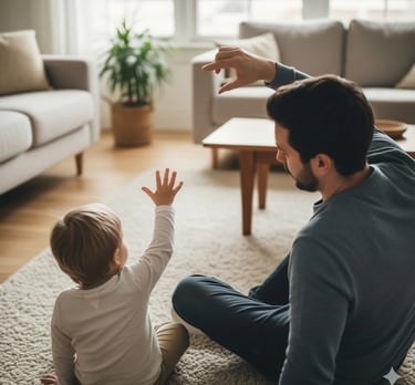 Child doing air drawing indoors at home with parent