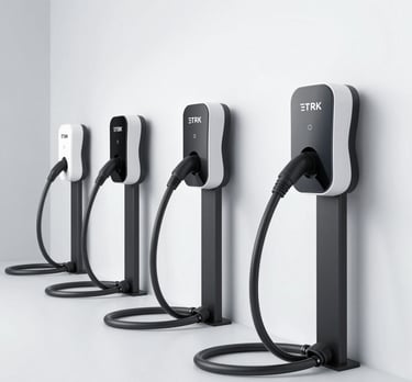 A row of four sleek wall-mounted electric vehicle charging stations with cables on black pedestals.