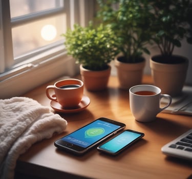 A cozy morning scene with a glowing lamp, a cup of tea, and a smartphone displaying a productivity app