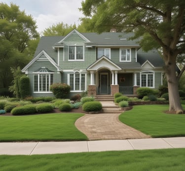 Spacious country estate surrounded by rolling hills and mature trees under a clear blue sky