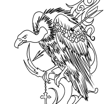 Vulture tattoo line art design featuring a bird pierced by an arrow and holding a rosary cross.