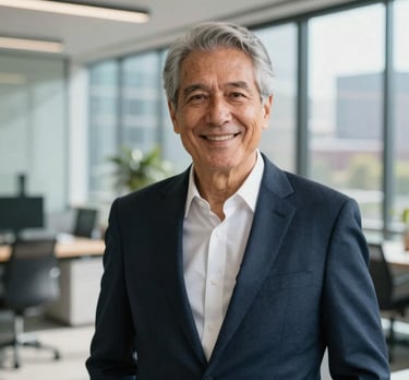 A professional and friendly portrait of a senior consultant in a modern, sunlit office in a North American city. They are wearing business attire in navy and white. The background is softly blurred to keep focus on the individual, conveying trust.